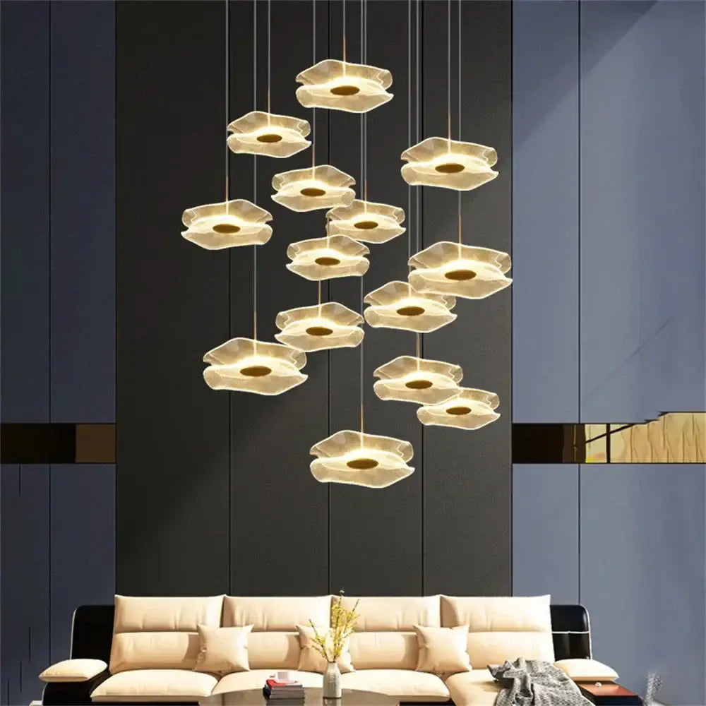 A modern DecorBites lotus leaf chandelier with translucent petal-shaped fixtures for living room and bedroom