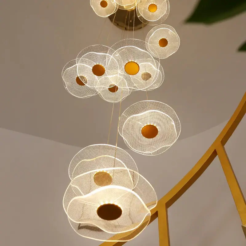 Modern nordic decorbites lotus leaf chandelier with translucent mesh petals and warm amber centers for living room lighting