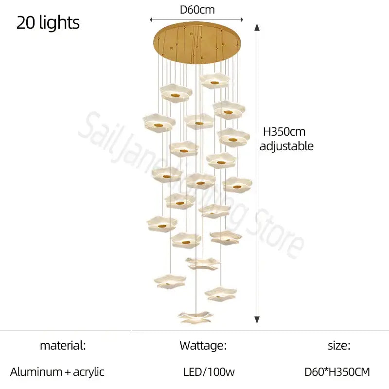 A modern decorbites lotus leaf chandelier with 20 led lights in a cascading floral design for living spaces