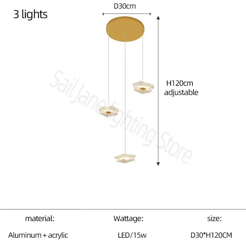 Modern minimalist decorbites lotus leaf chandelier with three white acrylic shades and gold aluminum mount for living room