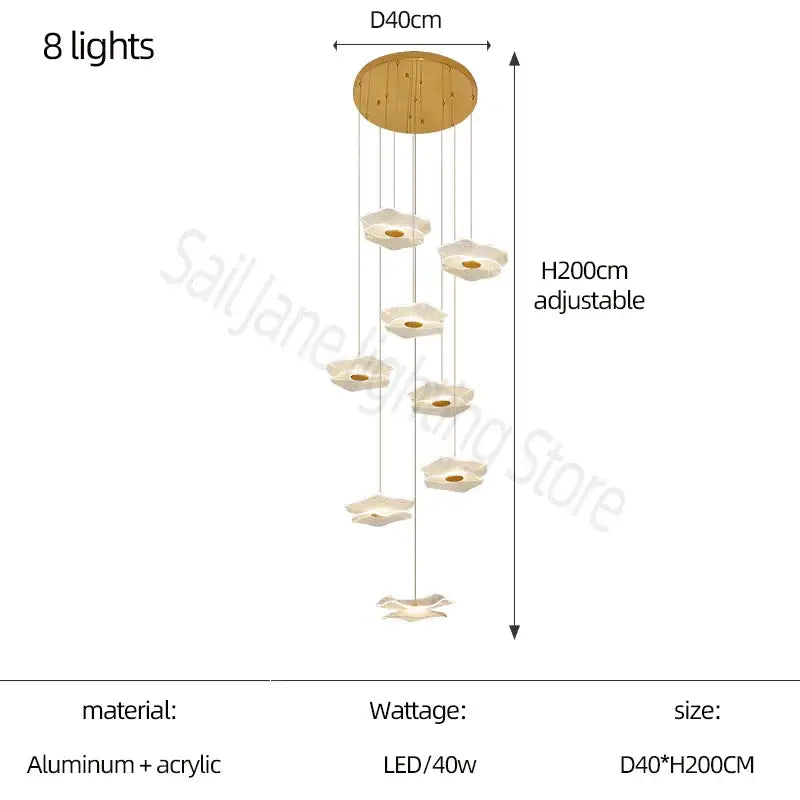 A modern adjustable ceiling light with eight cream flower-shaped led lamps on a wooden base decorbites lotus leaf chandelier