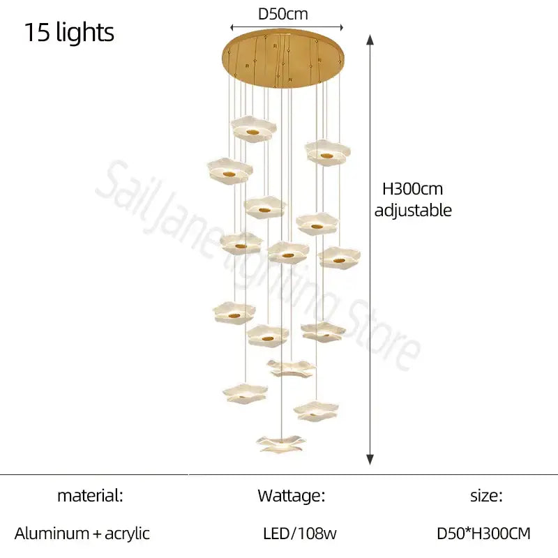A modern decorbites lotus leaf chandelier with 15 cream acrylic flower lights and aluminum mount for living room use