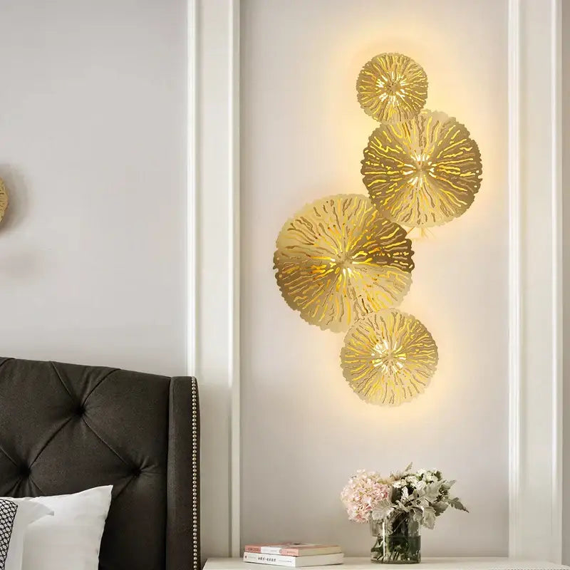 Golden metallic lotus leaf wall lamp with intricate veining by decorbites lotus leaf copper led light for home decor