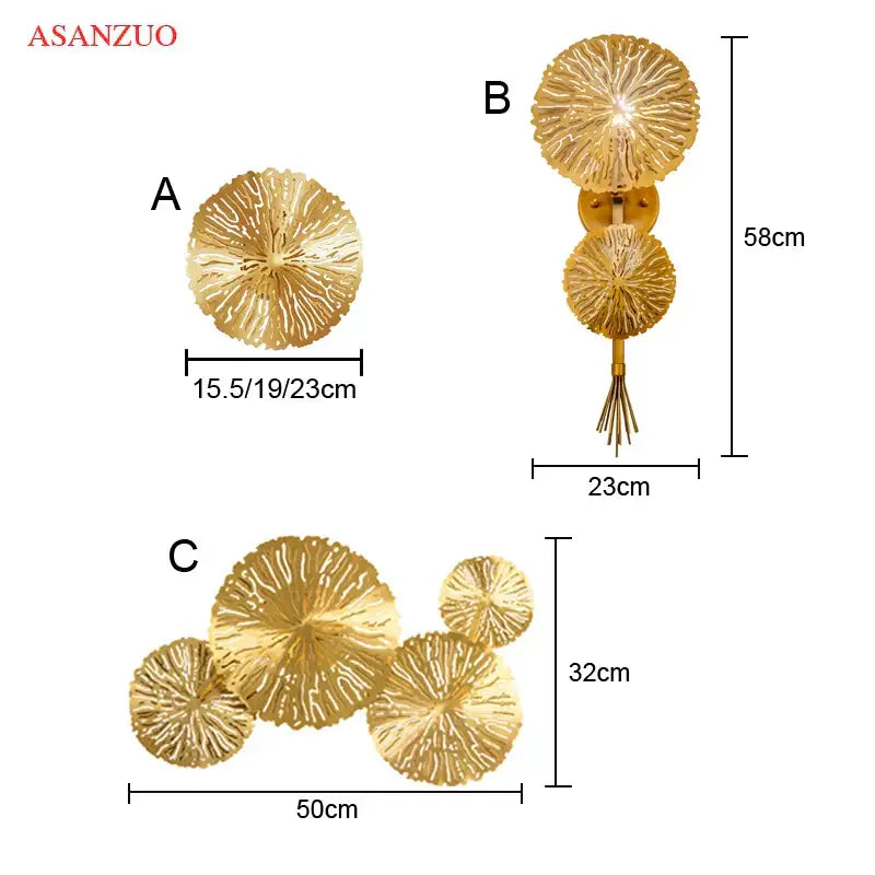 Gold-colored decorbites lotus leaf wall lamp with intricate radial patterns and metallic finish for home decor lighting