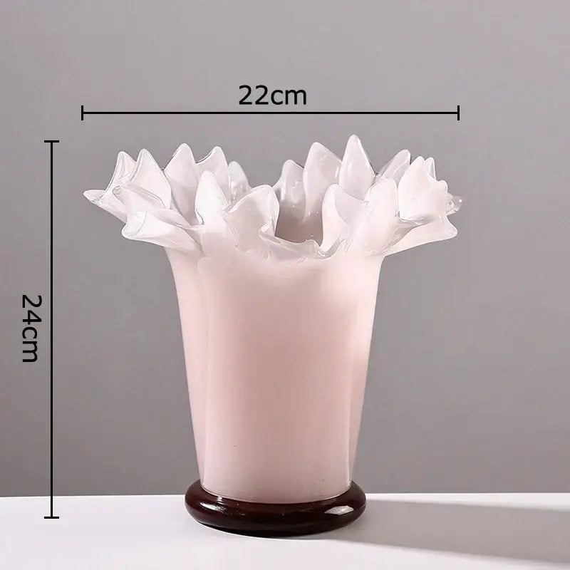 Decorbites™ lotus leaf edge translucent pink glass vase with fluted petal rim and dark brown leaf edge base for room decor