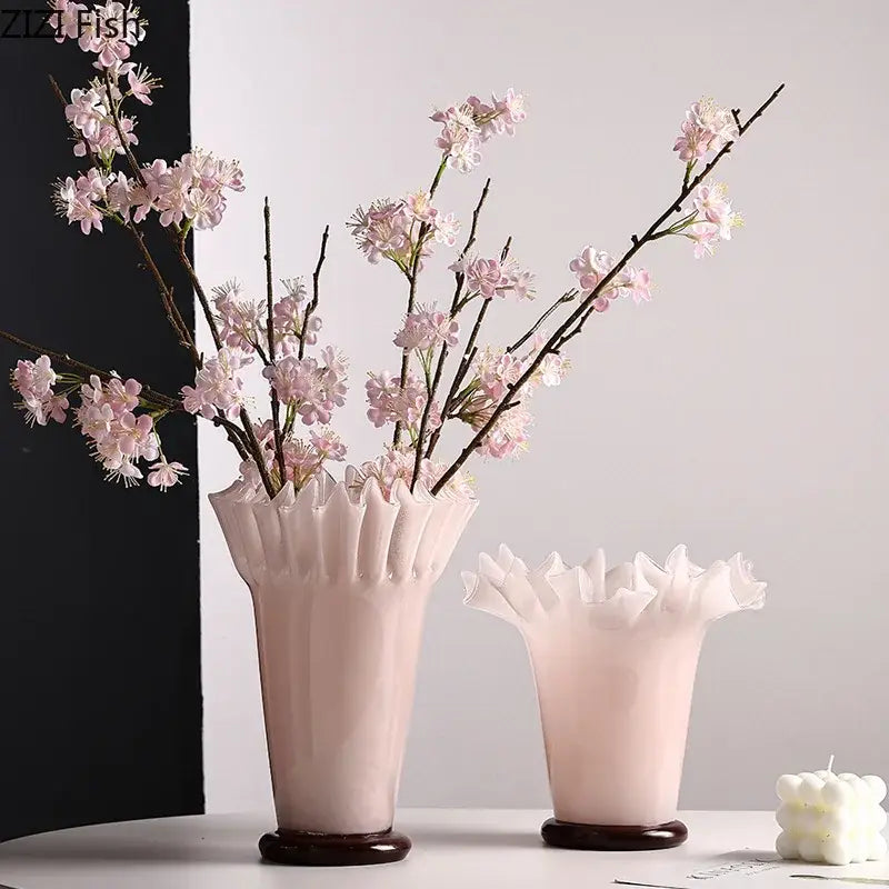 DecorBites™ lotus leaf edge blush pink ceramic vase with ruffled rim and wooden base for table flower arrangement