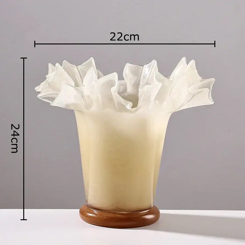 Cream-colored glass vase with a lotus leaf edge and polished wooden base for table flower arrangement decor