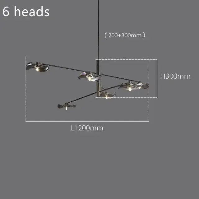 Modern black metal DecorBites lotus leaf glass ceiling chandelier with six angular light fixtures for living room lighting