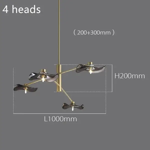 Modern brass-finished decorbites lotus leaf glass ceiling chandelier with four dark glass leaf-shaped light fixtures