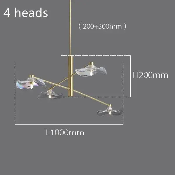 Modern brass-finished decorbites lotus leaf glass ceiling chandelier with four iridescent flower-shaped light fixtures