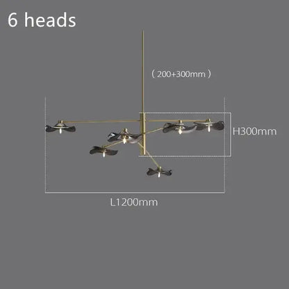 Modern brass-finished decorbites lotus leaf ceiling chandelier with six black glass leaf-shaped light fixtures for living room