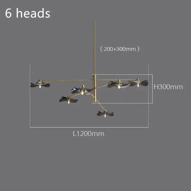 Modern brass-finished decorbites lotus leaf ceiling chandelier with six black glass leaf-shaped light fixtures for living room