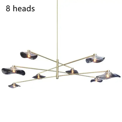 Modern brass ceiling chandelier with eight dark-tinted lotus leaf glass lampshades by DecorBites lotus leaf design