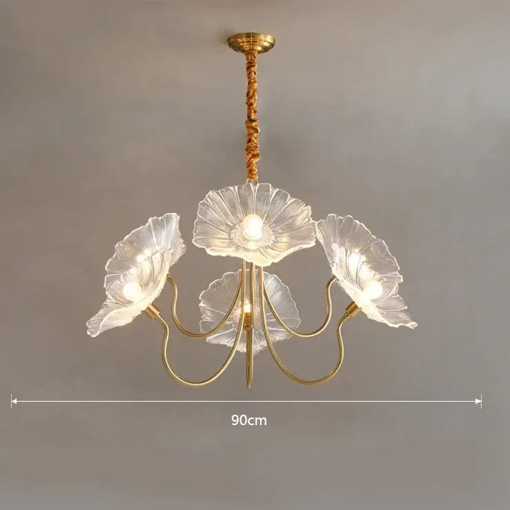 Decorbites lotus leaf glass ceiling chandelier with five translucent petal-shaped shades and gold-toned finish