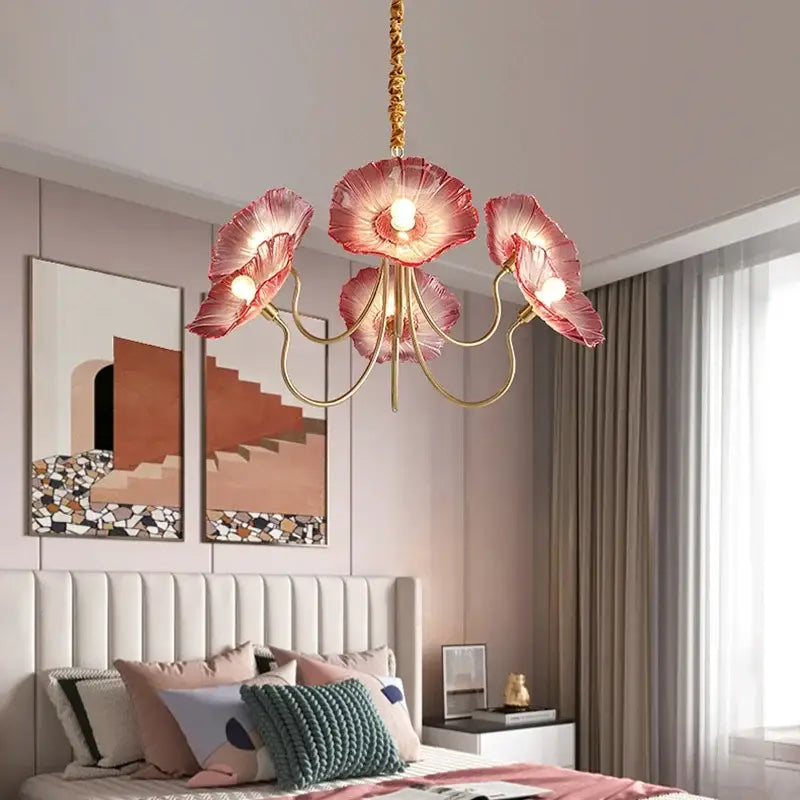 Decorbites lotus leaf glass ceiling chandelier with delicate pink glass petals and gold-toned metal arms