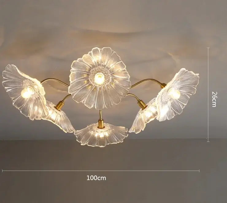 Decorbites lotus leaf glass ceiling chandelier with five translucent flower shades and gold-toned metal arms