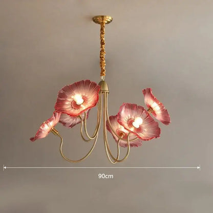 Decorbites lotus leaf glass ceiling chandelier with three translucent pink poppy flowers and gold-toned stems