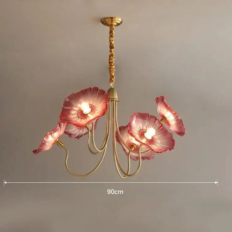 Decorbites lotus leaf glass ceiling chandelier with three translucent pink poppy flowers and gold-toned stems