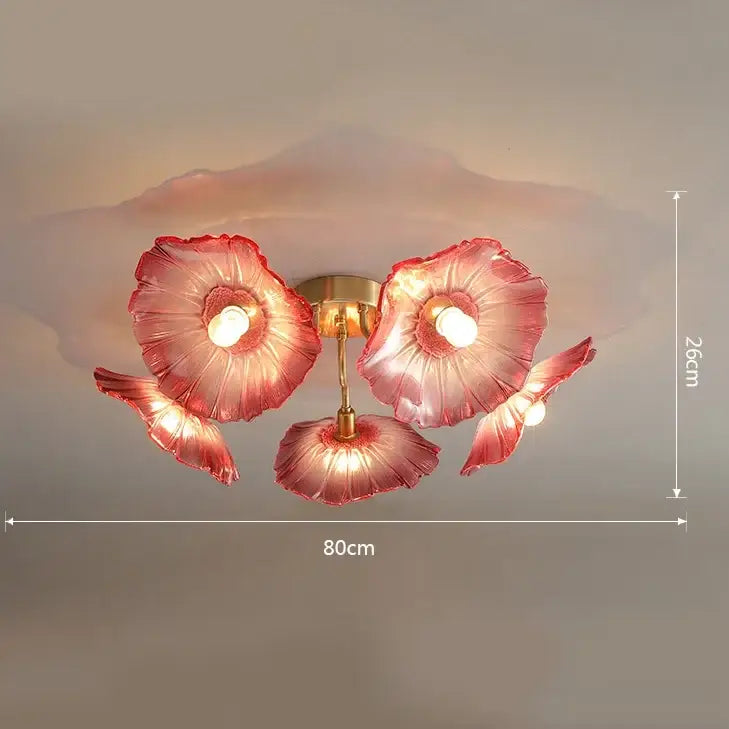 Decorbites lotus leaf glass ceiling chandelier with three pink petal-like shades and gold-toned central fixture