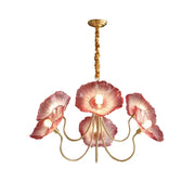 Elegant pink DecorBites lotus leaf glass ceiling chandelier with gold-toned metal arms and twisted chain featuring E14 bulb