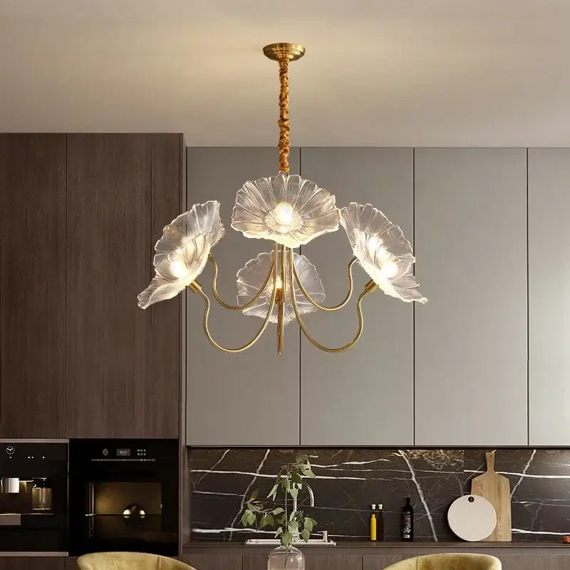 Elegant gold-toned decorbites lotus leaf glass ceiling chandelier with five translucent flower shades and e14 bulbs