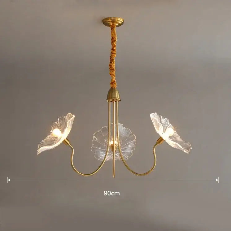 Gold-toned decorbites lotus leaf glass ceiling chandelier with three translucent flower shades and twisted rope pendant