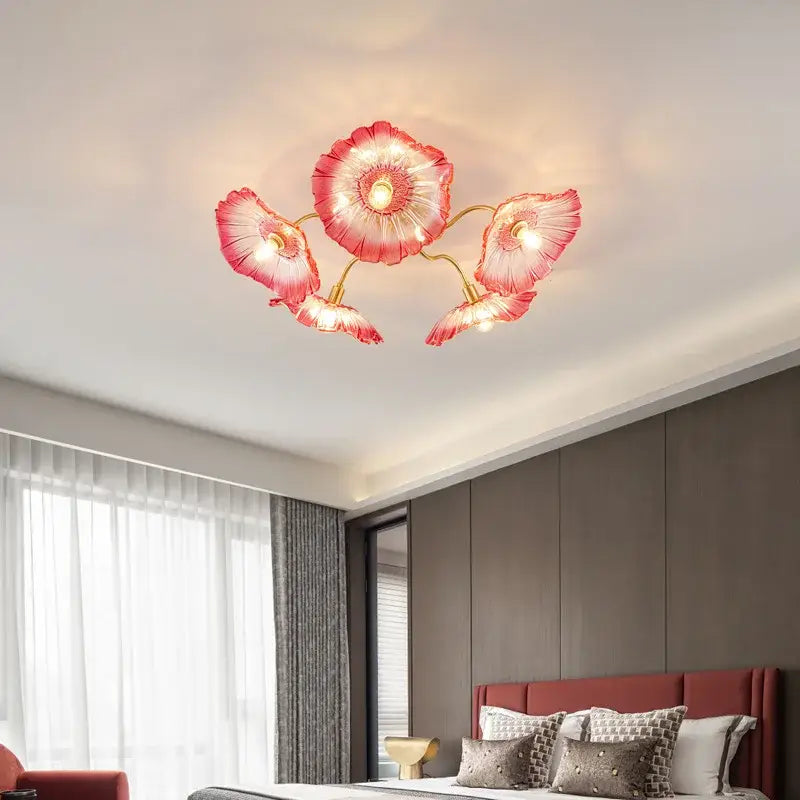 Decorbites lotus leaf pink glass ceiling chandelier with gold toned stems featuring e14 bulb socket