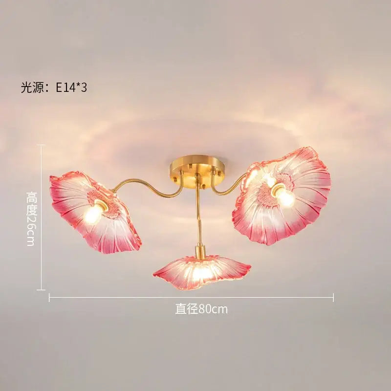 Decorbites lotus leaf glass ceiling chandelier with pink glass flower and gold-toned metal arms fixture