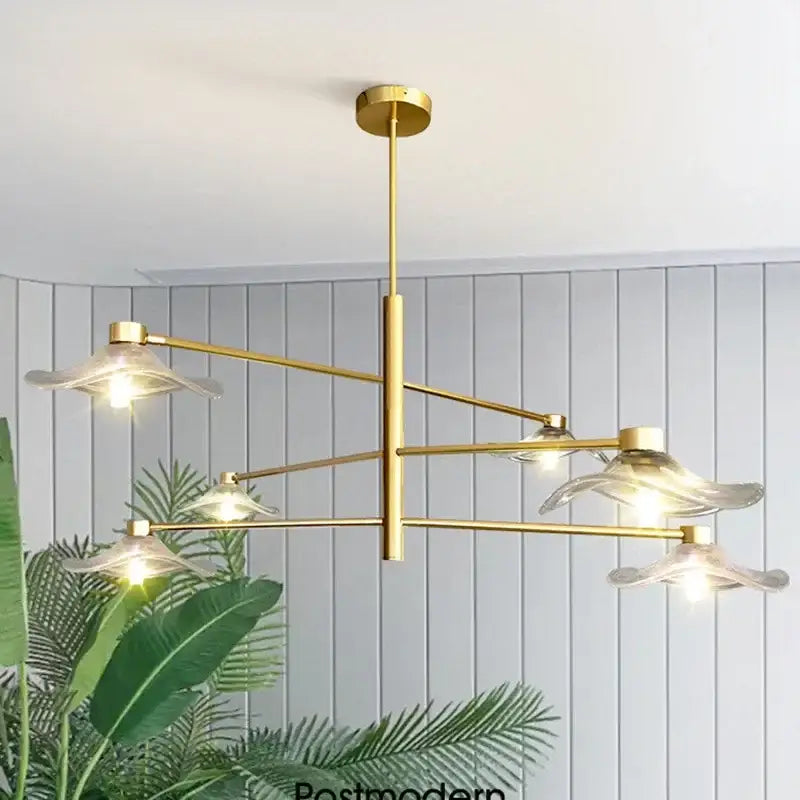Gold-toned decorbites lotus leaf glass iron chandelier with five translucent shades for bedroom living room lighting