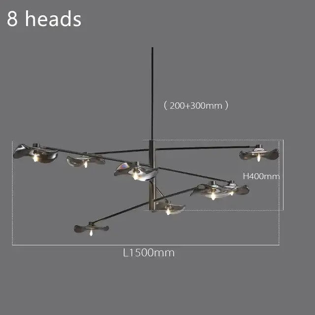 Modern black metal chandelier with eight lotus leaf glass light fixtures by decorbites for bedroom and living room lighting