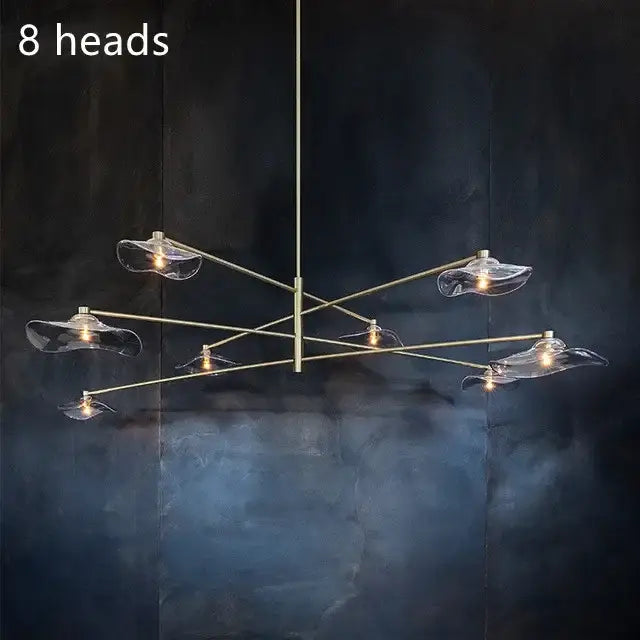 Modern brass decorbites lotus leaf glass iron chandelier with eight clear lampshades for bedroom and living room lighting