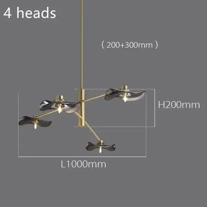 Modern brass-finished decorbites lotus leaf glass iron chandelier with four dark leaf-shaped fixtures for living room lighting