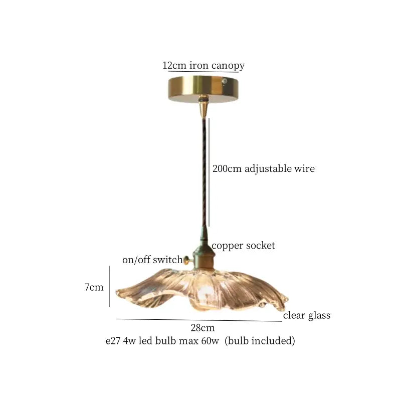 Antique brass-finished decorbites lotus leaf glass pendant light with clear flower-shaped shade and adjustable wire