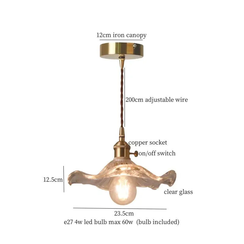 Decorbites lotus leaf glass pendant light with brass iron canopy copper socket and clear ornate wing shaped shade