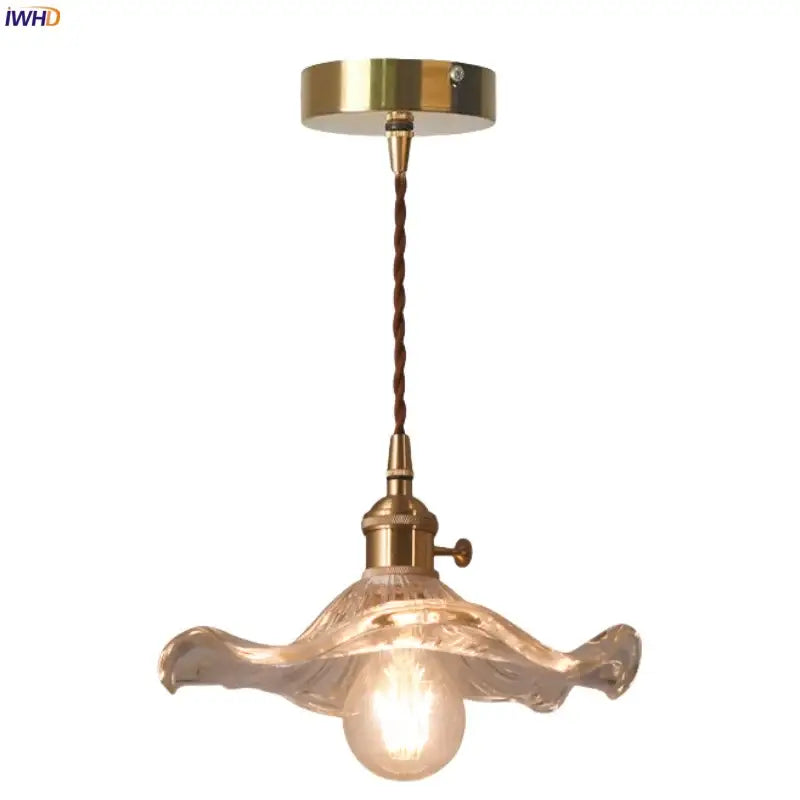 Brass-finished decorbites lotus leaf glass pendant light with twisted brown cord and ornate translucent petals shade