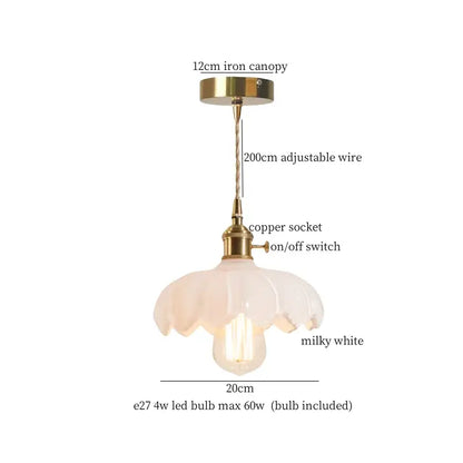 DecorBites lotus leaf glass pendant light with milky white glass, brass canopy, copper socket, and adjustable wire