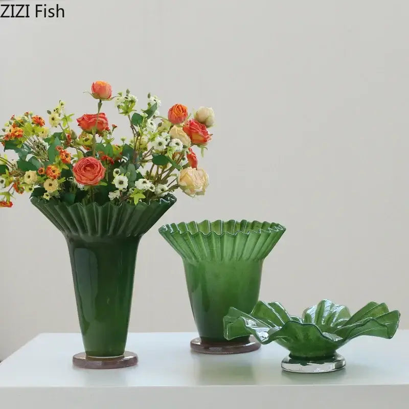Set of three emerald green ceramic decorbites lotus leaf vases with ruffled rims for elegant table decor and plant pots