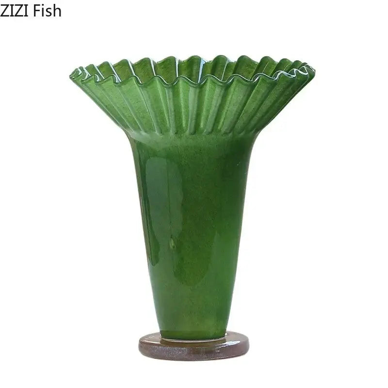Glossy emerald green ceramic decorbites lotus leaf vase with fluted ruffled rim for elegant table decor and plant pot