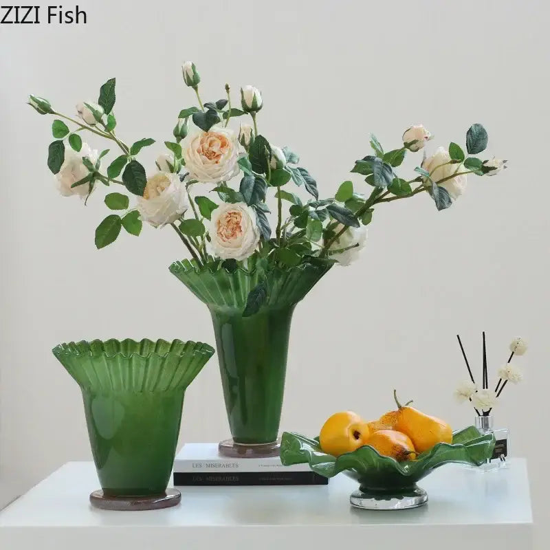 Elegant emerald green decorbites lotus leaf glass vase with fluted ruffled rim and smooth cylindrical body for decor