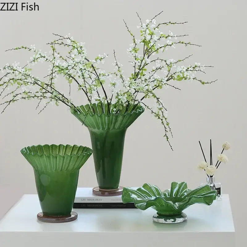 Green ceramic decorbites lotus leaf vases with fluted leaf glass rims and brown bases for elegant table decor