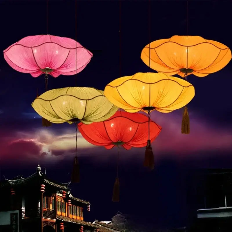 Decorbites lotus leaf pendant light with handmade fabric lotus leaf lanterns in pink orange yellow and red for kitchen and restaurant