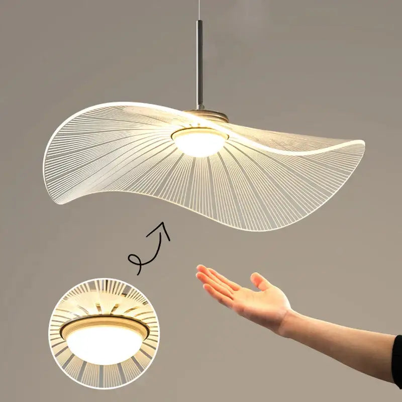 Modern white pendant light with sleek curved design and radial wire pattern decorbites lotus leaf led chandelier