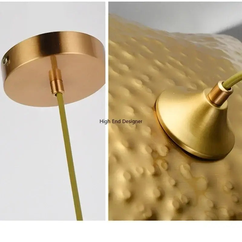 Gold-toned hammered metal lotus leaf led pendant light with textured surface and brass-finished ceiling mount by decorbites lotus leaf