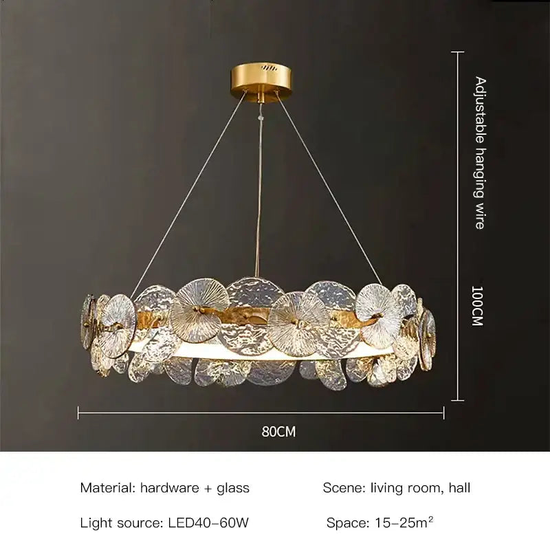Gold-toned decorbites lotus leaf led chandelier with circular textured glass discs for living room and dining lighting