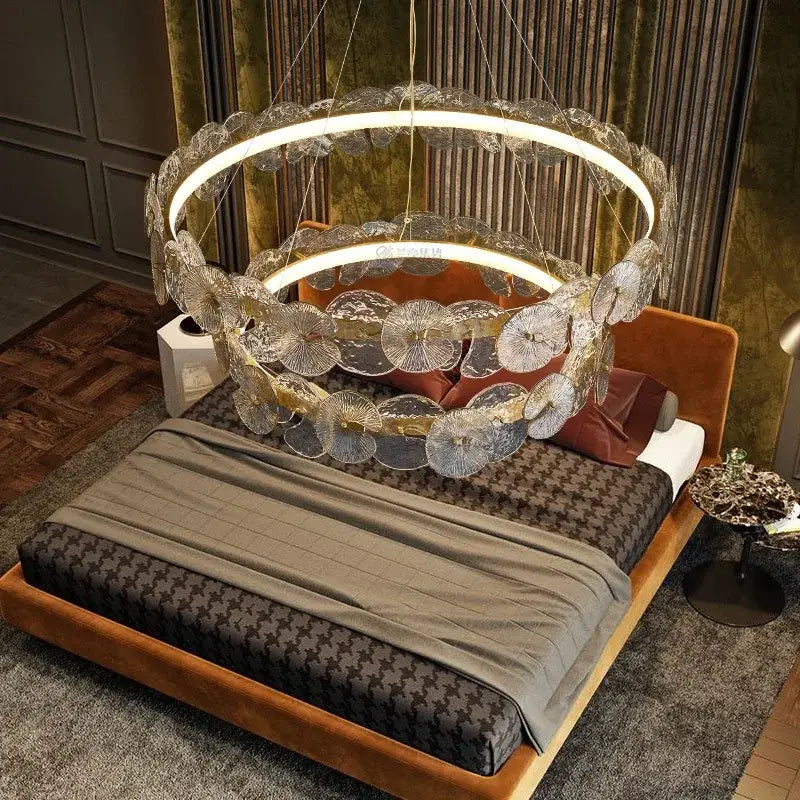 A decorbites lotus leaf modern circular chandelier with translucent glass discs and warm led light ring for living rooms