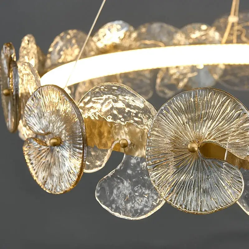 DecorBites™ lotus leaf led chandelier with translucent textured glass discs and gold-toned rims for modern interiors