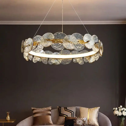 Decorbites™ lotus leaf led chandelier with translucent textured glass discs in overlapping layers around central light strip