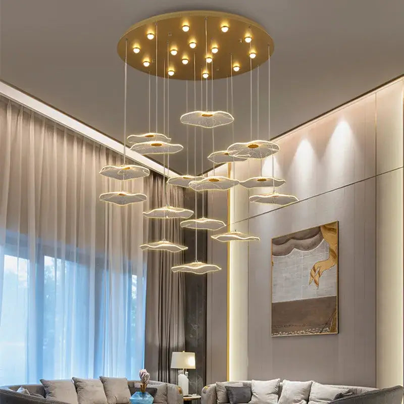 Gold-toned DecorBites Lotus Leaf LED pendant chandelier with cloud-shaped lights for staircase and living room beauty