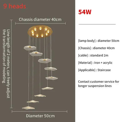 Gold-toned decorbites lotus leaf led pendant chandelier with nine cloud-shaped acrylic leaves for staircase and living room
