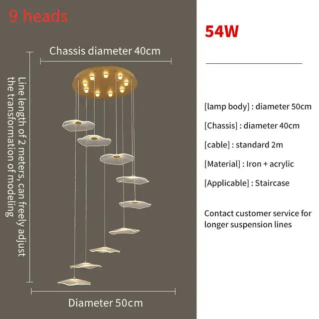 Gold-toned decorbites lotus leaf led pendant chandelier with nine cloud-shaped acrylic leaves for staircase and living room